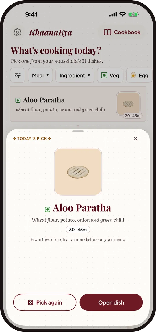 Today's pick card showing Aloo Paratha, with Pick again and Open dish buttons.